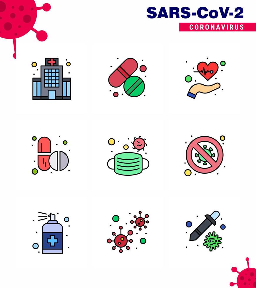 icono de color plano de línea rellena de coronavirus 9 establecido sobre el tema de la epidemia de corona contiene iconos como tabletas faciales pulsos de pastillas pulsos coronavirus viral 2019nov elementos de diseño de vectores de enfermedad