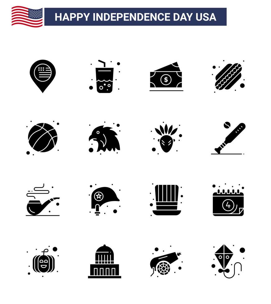 Set of 16 Modern Solid Glyphs pack on USA Independence Day football american dollar states american Editable USA Day Vector Design Elements