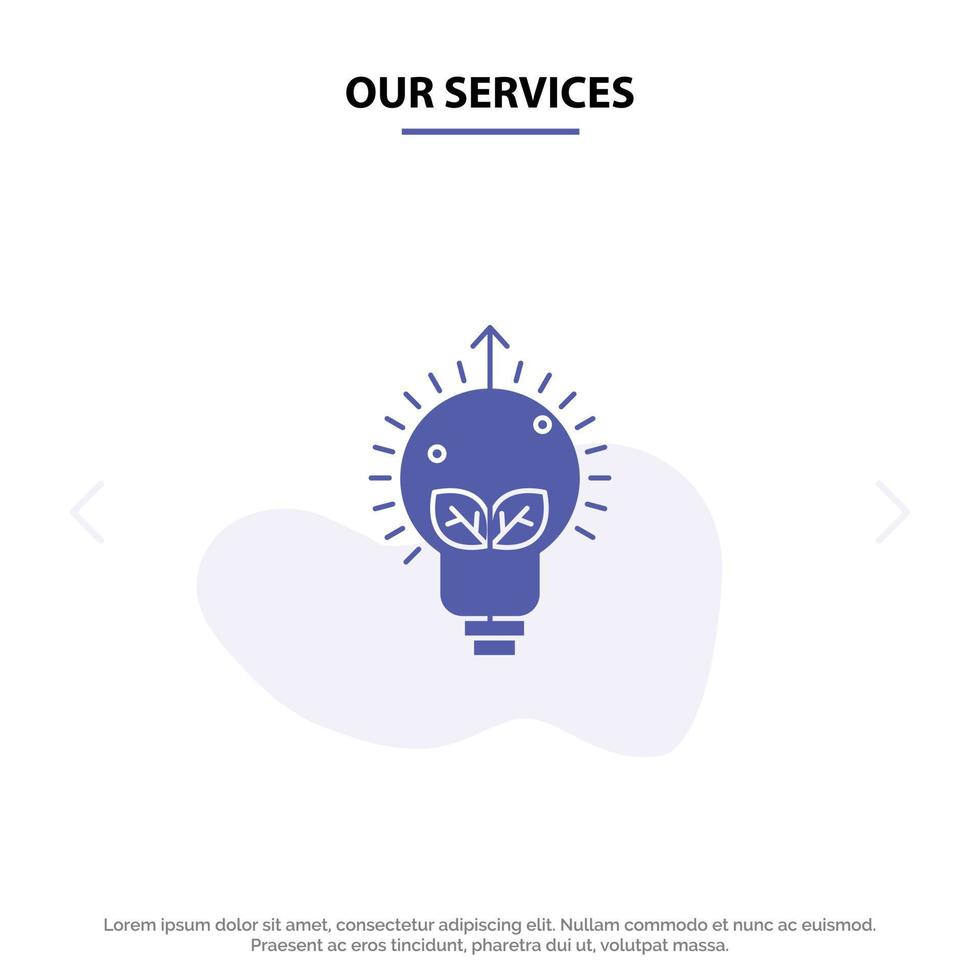 nuestros servicios idea de éxito bombilla luz icono de glifo sólido plantilla de tarjeta web vector