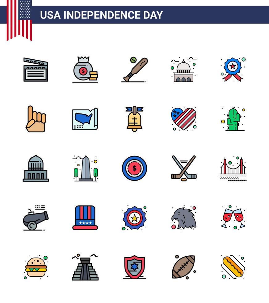 Pack of 25 USA Independence Day Celebration Flat Filled Lines Signs and 4th July Symbols such as white landmark ball house usa Editable USA Day Vector Design Elements