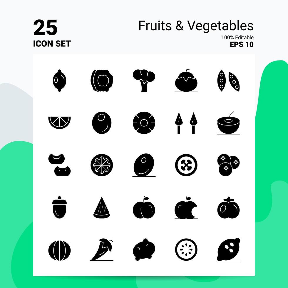 25 Fruits Vegetables Icon Set 100 Editable EPS 10 Files Business Logo Concept Ideas Solid Glyph icon design vector