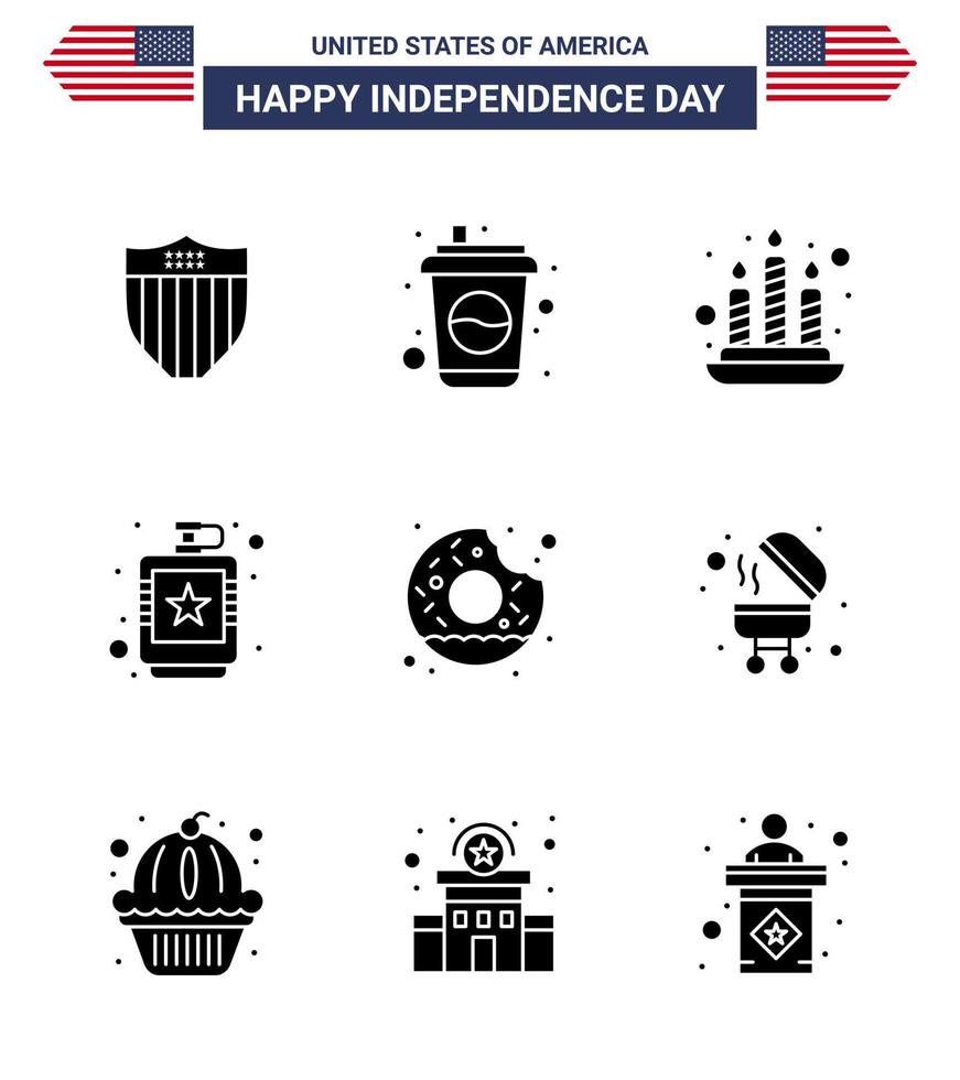 paquete de 9 signos de glifos sólidos de celebración del día de la independencia de EE. UU. Y símbolos del 4 de julio, como velas líquidas redondas, bebida de cadera, elementos de diseño vectorial editables del día de EE. UU. vector