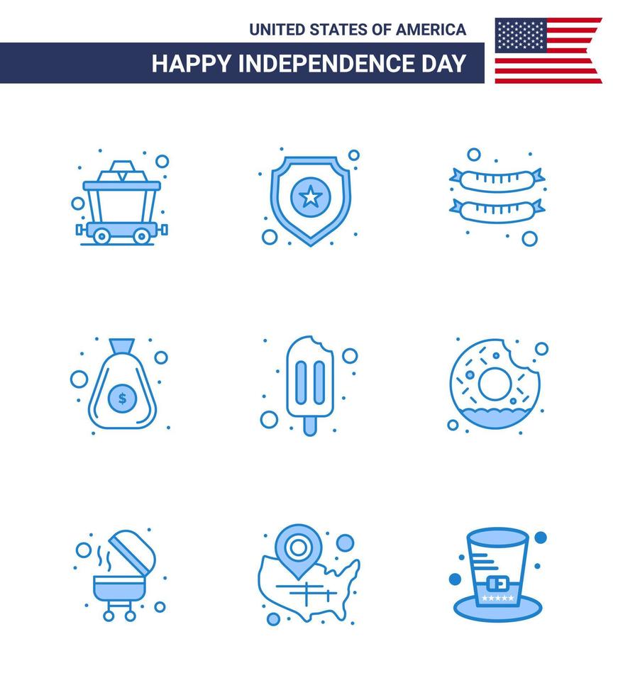 USA Independence Day Blue Set of 9 USA Pictograms of donut popsicle frankfurter ice cream bag Editable USA Day Vector Design Elements