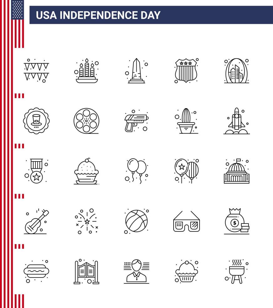 conjunto de pictogramas del feliz día de la independencia de estados unidos de 25 líneas simples de arco de vista de edificio emblemático que investiga elementos de diseño de vector de día de estados unidos editables