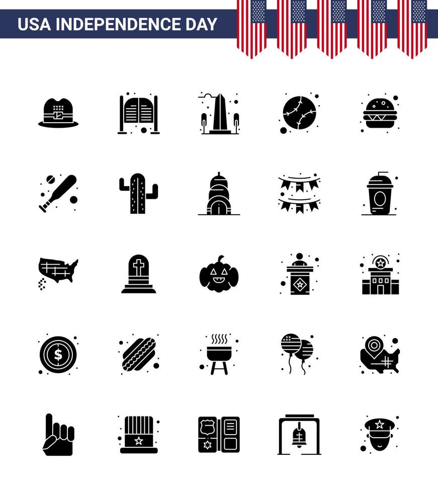 USA Independence Day Solid Glyph Set of 25 USA Pictograms of burger states landmark baseball washington Editable USA Day Vector Design Elements