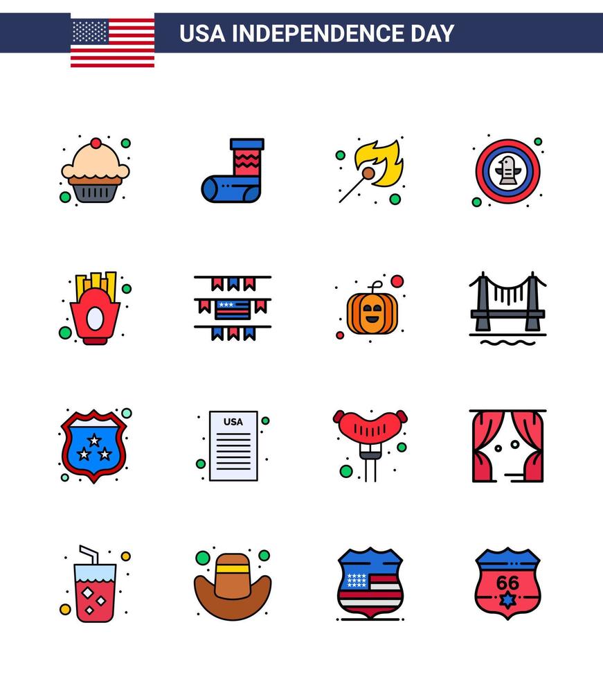 Modern Set of 16 Flat Filled Lines and symbols on USA Independence Day such as french fries badge fire eagle bird Editable USA Day Vector Design Elements