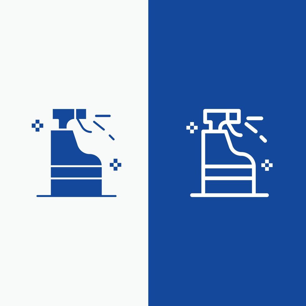 línea de producto de detergente de limpieza en aerosol y glifo icono sólido línea de banner azul y glifo icono sólido banner azul vector