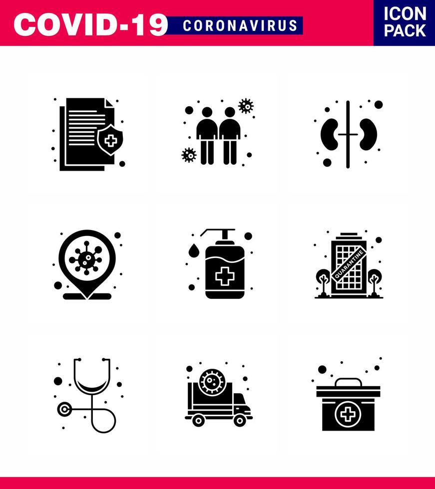 Coronavirus Awareness icon 9 Solid Glyph Black icons icon included hand infection place transmitters covid location viral coronavirus 2019nov disease Vector Design Elements