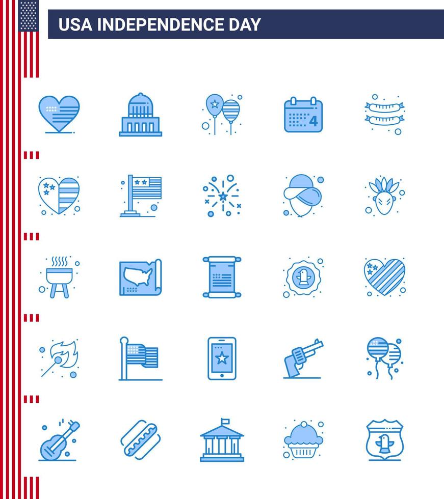 conjunto moderno de 25 azules y símbolos en el día de la independencia de estados unidos, como la fecha de comida, globos, día, bandera de estados unidos, elementos de diseño vectorial editables del día de estados unidos vector