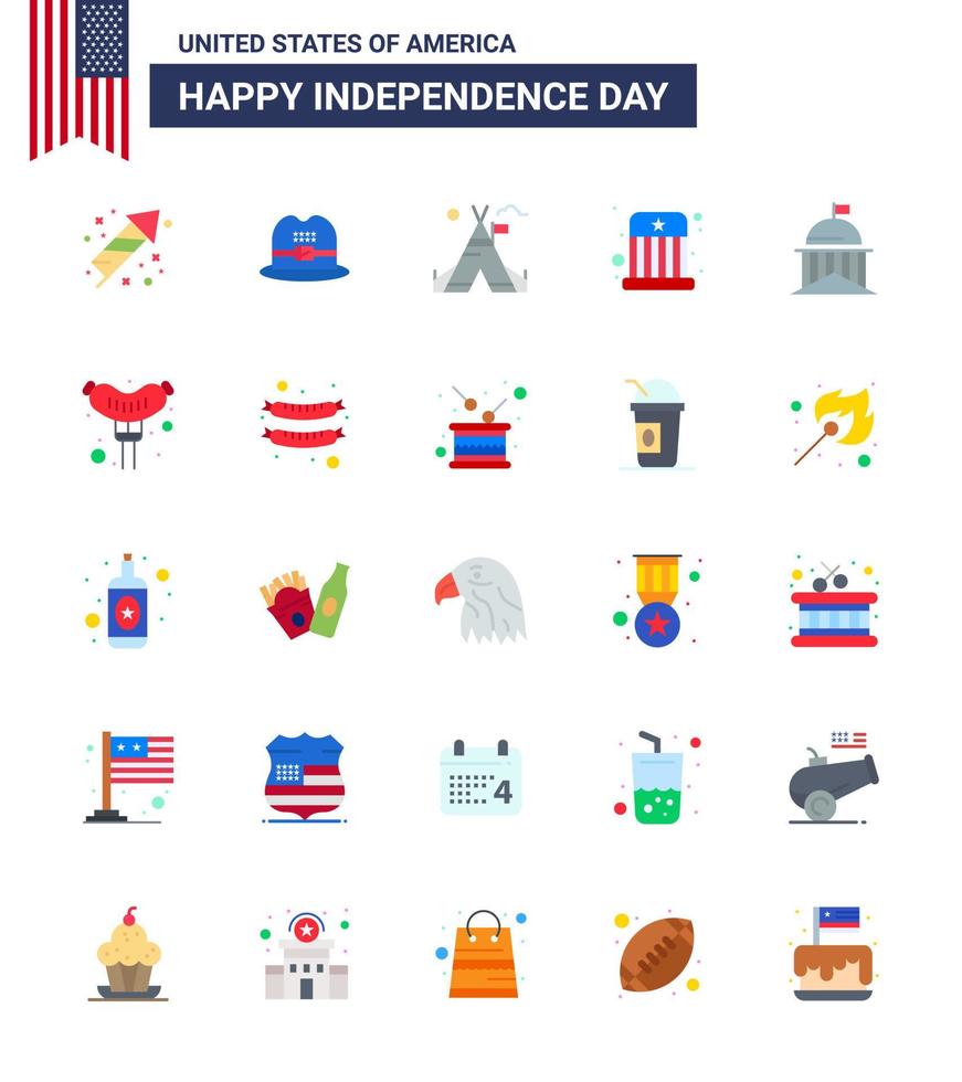 conjunto de 25 pisos vectoriales el 4 de julio, día de la independencia de estados unidos, como green city tent hat entretenimiento elementos de diseño vectorial editables del día de estados unidos vector