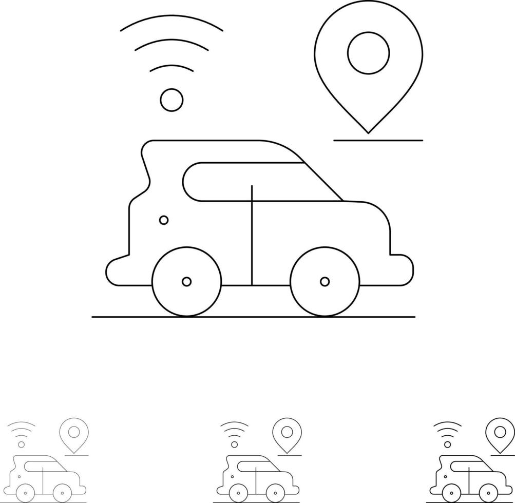 conjunto de iconos de línea negra fina y audaz de tecnología de mapa de ubicación de coche vector