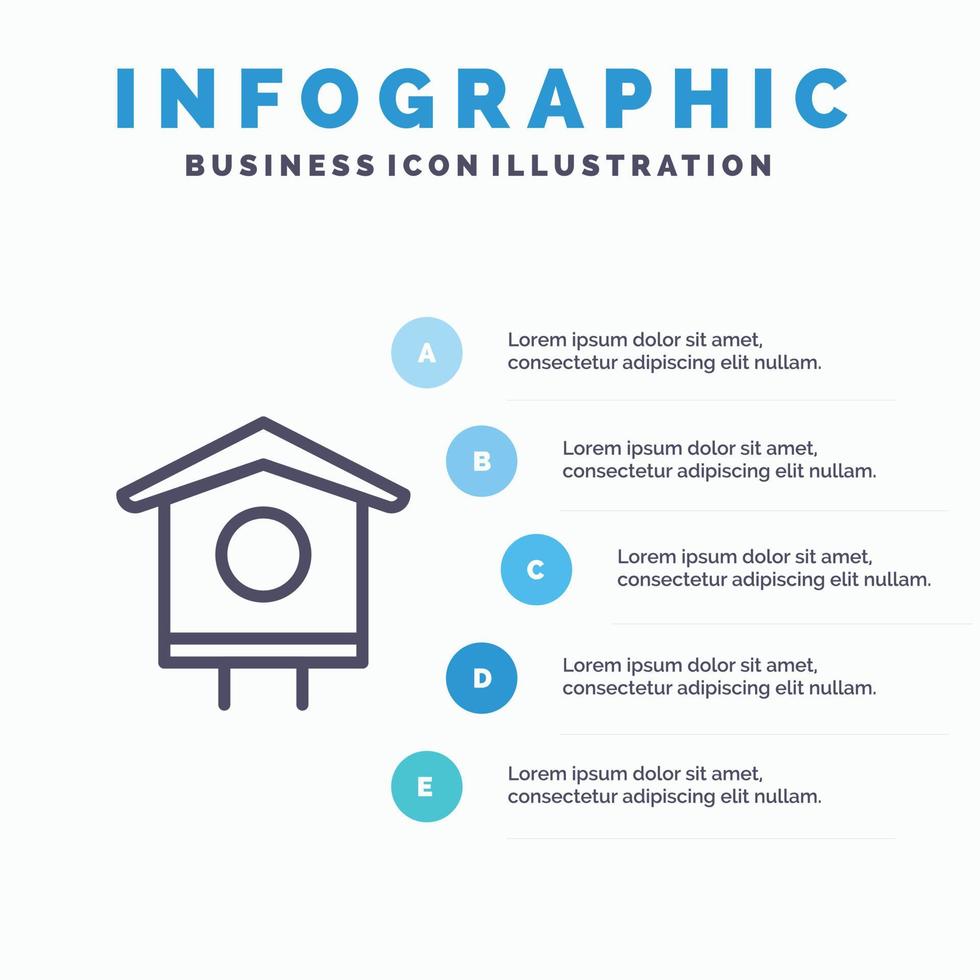 icono de la línea de primavera de la casa de pájaros de la casa con 5 pasos de fondo de infografías de presentación vector