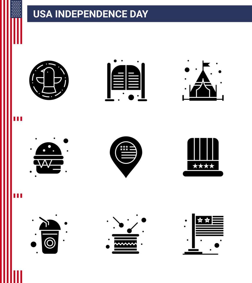 USA Independence Day Solid Glyph Set of 9 USA Pictograms of location meal entrance food burger Editable USA Day Vector Design Elements