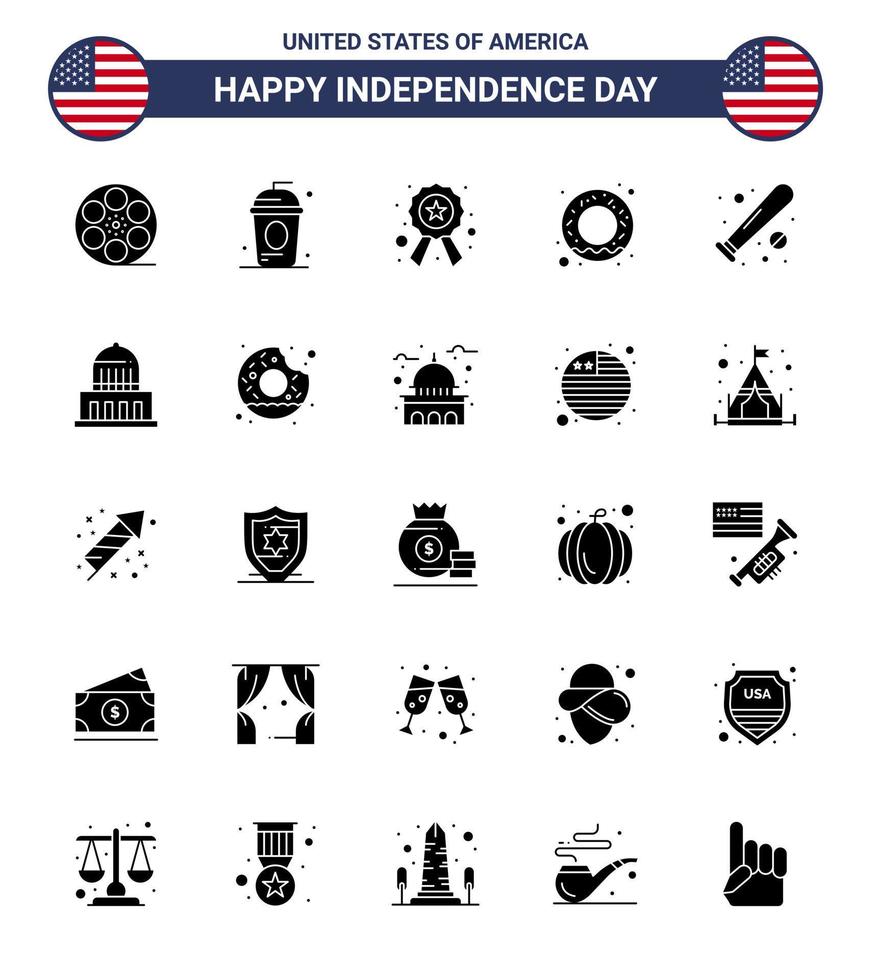feliz día de la independencia 4 de julio conjunto de 25 pictogramas americanos de glifo sólido de nutrición de béisbol signo de comida independiente elementos de diseño de vector de día de estados unidos editables