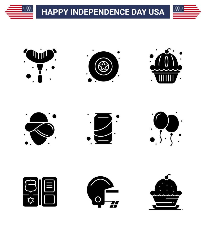 Pack of 9 creative USA Independence Day related Solid Glyphs of balloons soda states can hat Editable USA Day Vector Design Elements