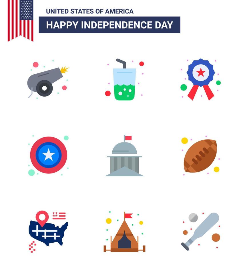 Happy Independence Day Pack of 9 Flats Signs and Symbols for flag sign badge star men Editable USA Day Vector Design Elements