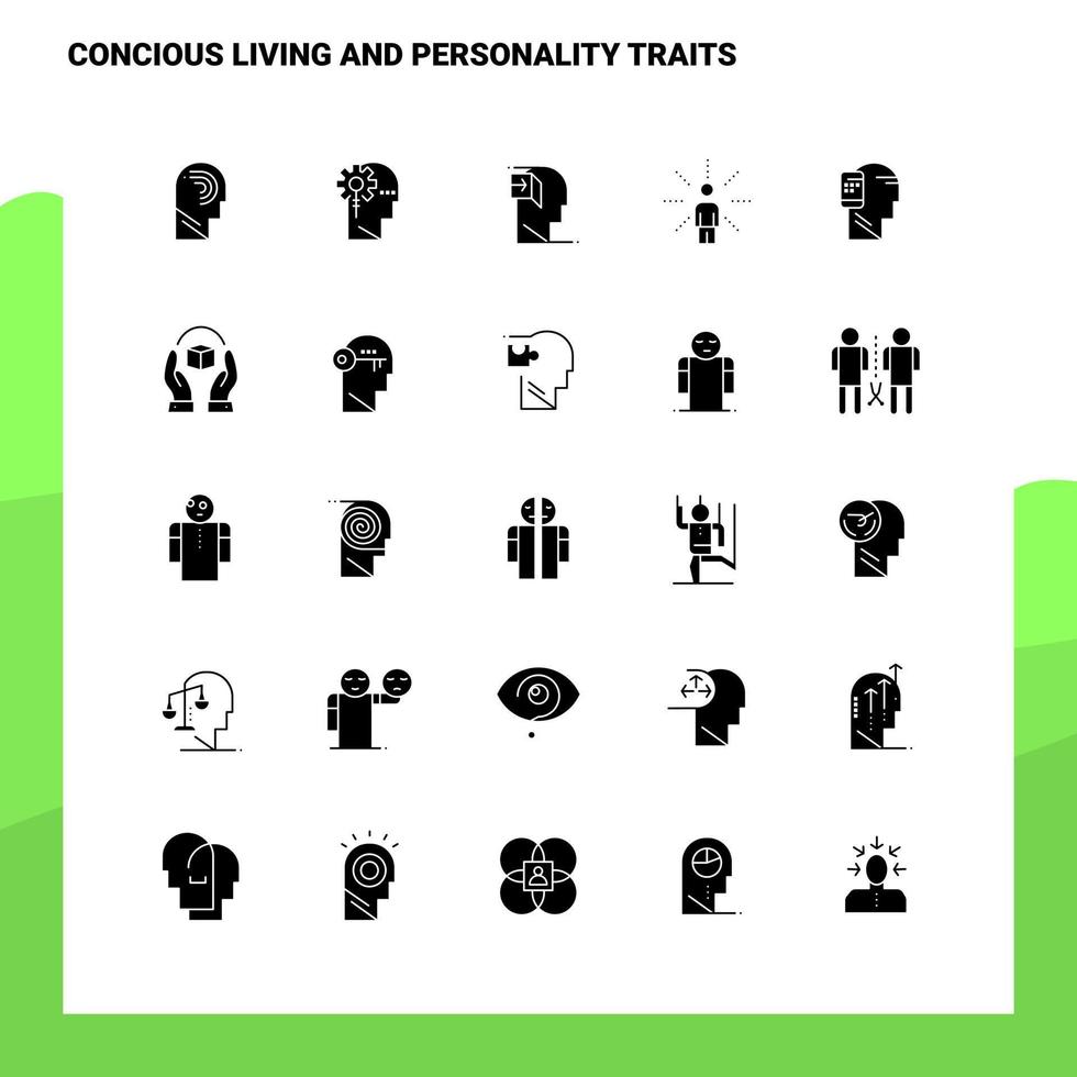 25 conjunto de iconos de rasgos de personalidad y vida consciente plantilla de ilustración de vector de icono de glifo sólido para ideas web y móviles para empresa comercial