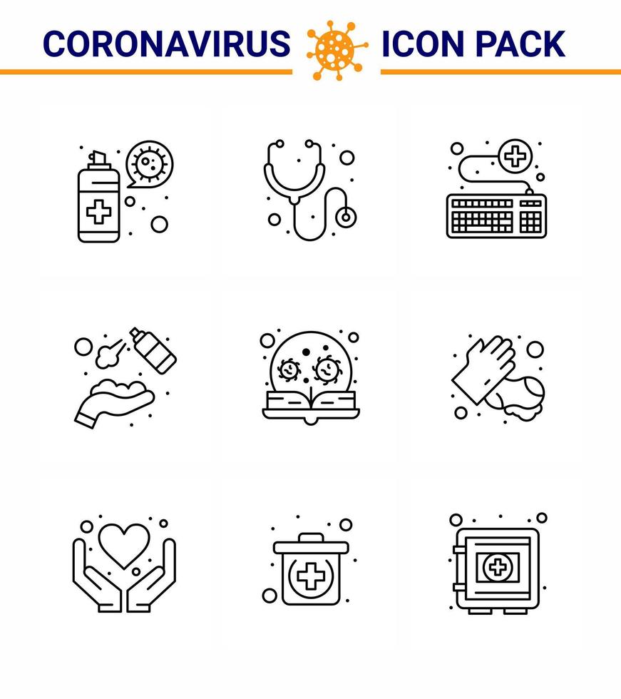 corona virus 2019 y 2020 epidemia paquete de iconos de 9 líneas como educación lavar las manos del teclado rociar alcohol coronavirus viral 2019nov elementos de diseño de vectores de enfermedades