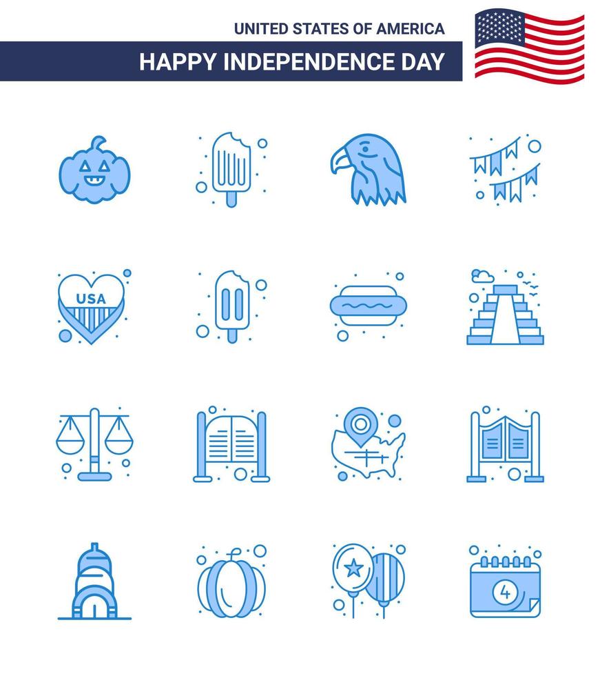 Pack of 16 USA Independence Day Celebration Blues Signs and 4th July Symbols such as heart garland bird party buntings Editable USA Day Vector Design Elements