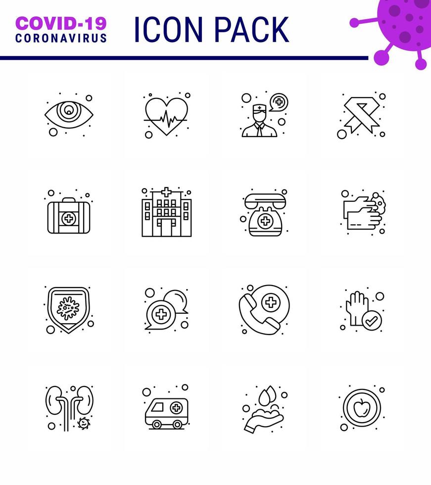 16 Line Set of corona virus epidemic icons such as medical case sign consultation ribbon hiv viral coronavirus 2019nov disease Vector Design Elements