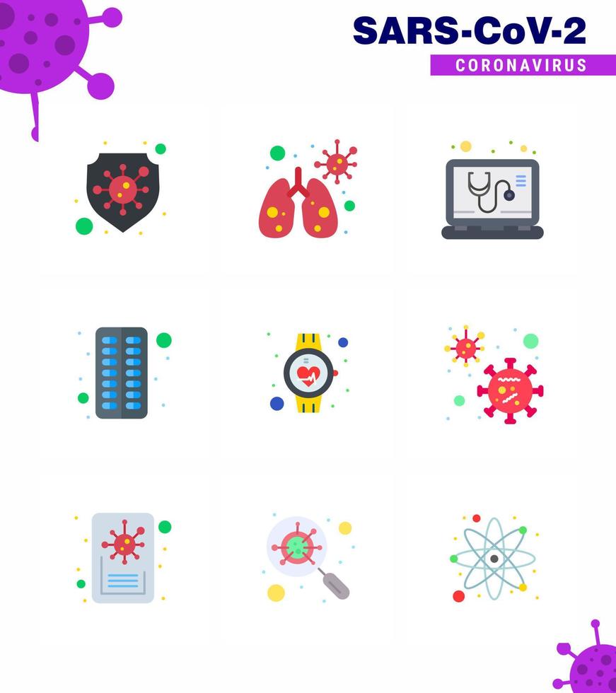 9 Flat Color coronavirus epidemic icon pack suck as medical beat medical pill capsule viral coronavirus 2019nov disease Vector Design Elements