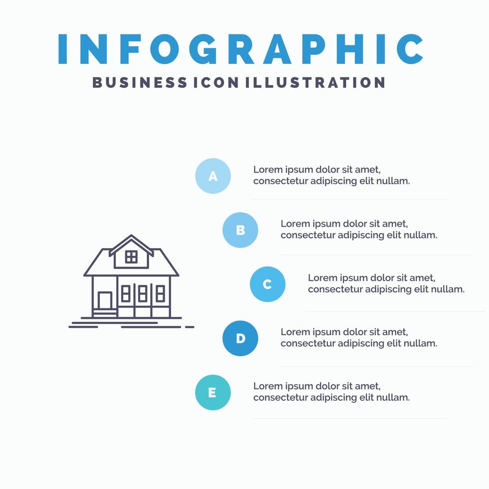 icono de línea de bienes raíces de edificio de casa con fondo de infografía de presentación de 5 pasos vector