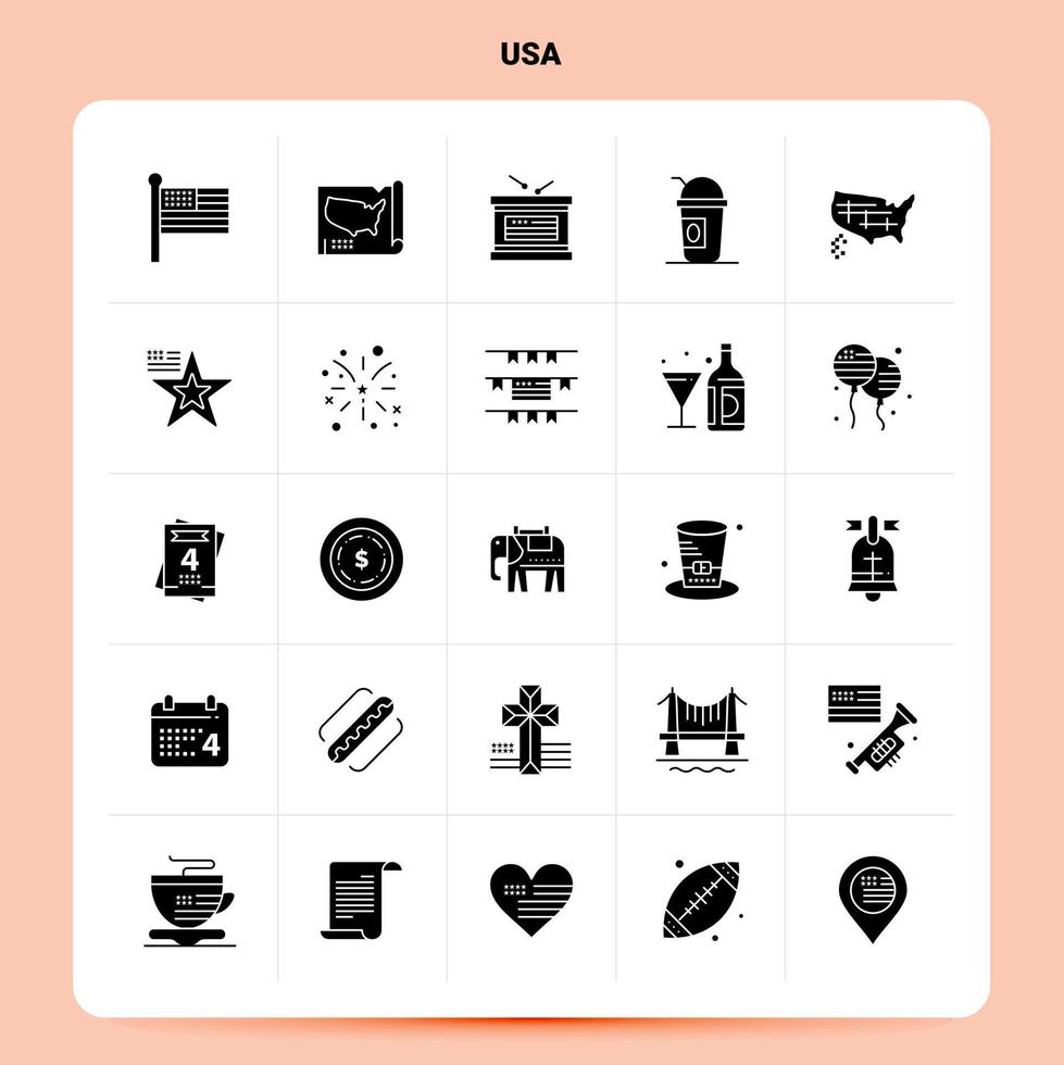 Solid 25 Usa Icon set Vector Glyph Style Design Black Icons Set Web and Mobile Business ideas design Vector Illustration