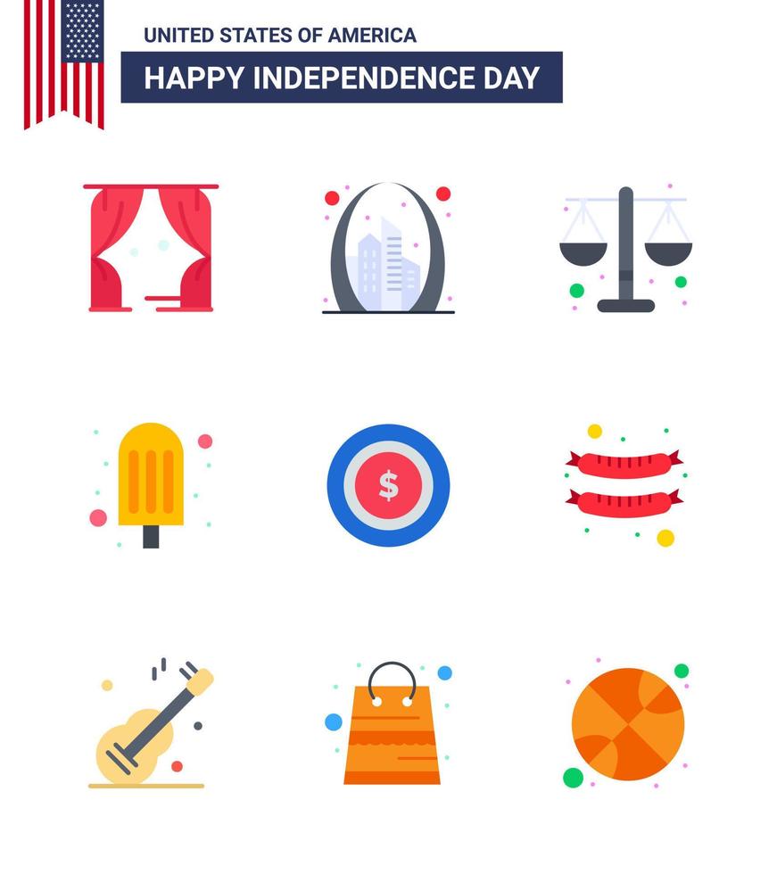 Happy Independence Day Pack of 9 Flats Signs and Symbols for dollar ice cream usa food scale Editable USA Day Vector Design Elements