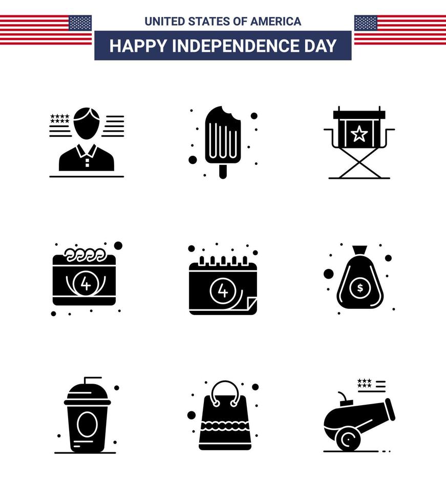 Happy Independence Day 9 Solid Glyphs Icon Pack for Web and Print money day director date american Editable USA Day Vector Design Elements