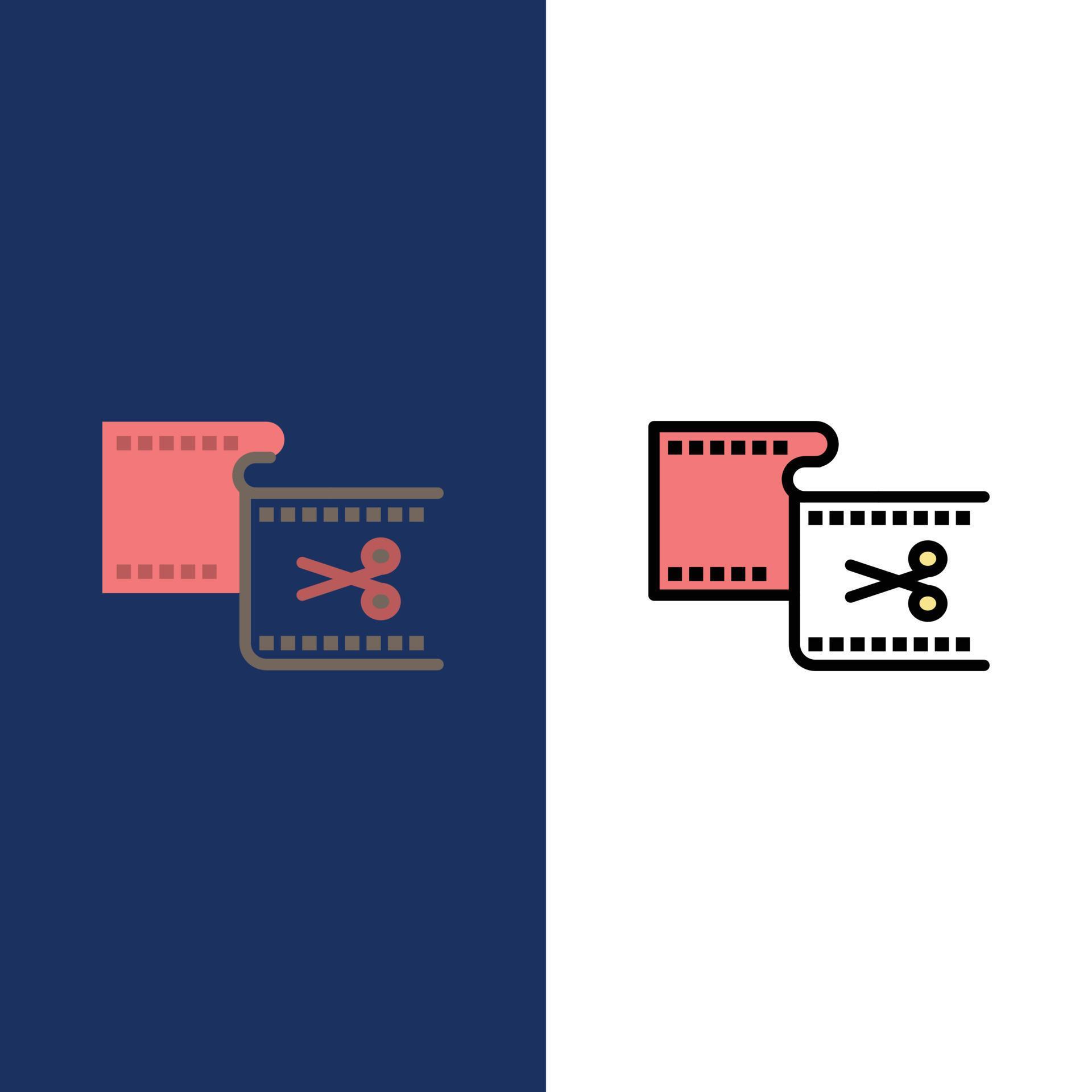 Clip Cut Edit Editing Movie Icons Flat and Line Filled Icon Set Vector