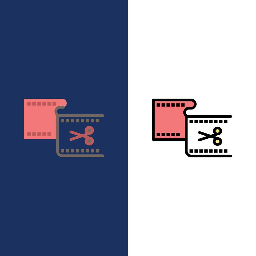 Clip Cut Edit Editing Movie  Icons Flat and Line Filled Icon Set Vector Blue Background