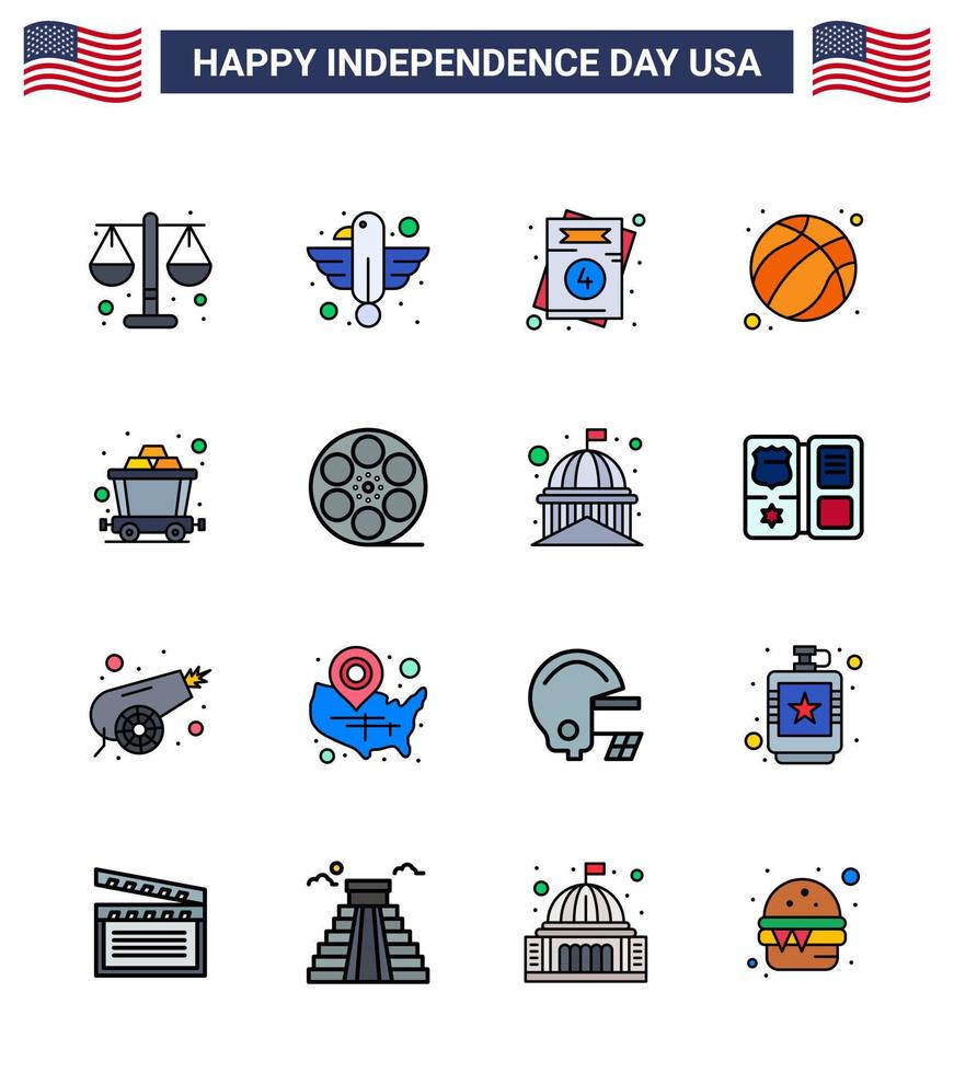 Happy Independence Day USA Pack of 16 Creative Flat Filled Lines of cart football state ball wedding Editable USA Day Vector Design Elements