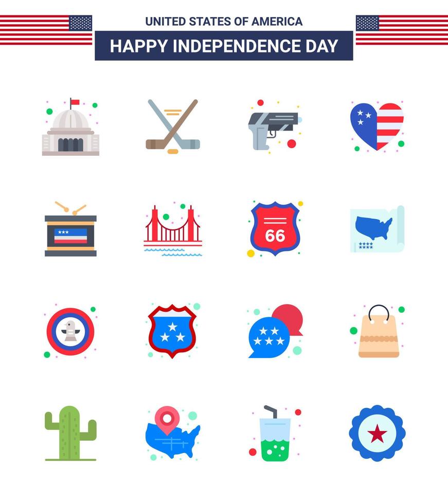 16 USA Flat Signs Independence Day Celebration Symbols of drum flag american country weapon Editable USA Day Vector Design Elements