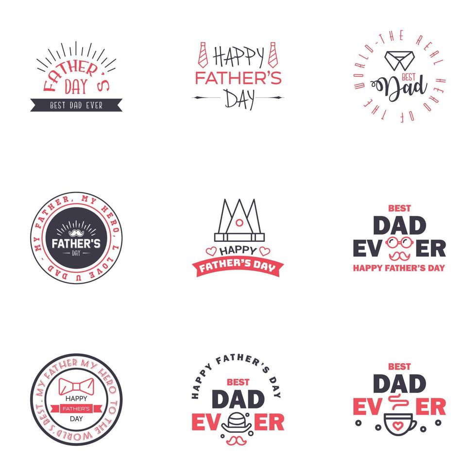 las tarjetas de felicitación del día del padre feliz establecen 9 letras tipográficas vectoriales en negro y rosa utilizables para imprimir pancartas eres el mejor diseño de texto de papá elementos de diseño vectorial editables vector