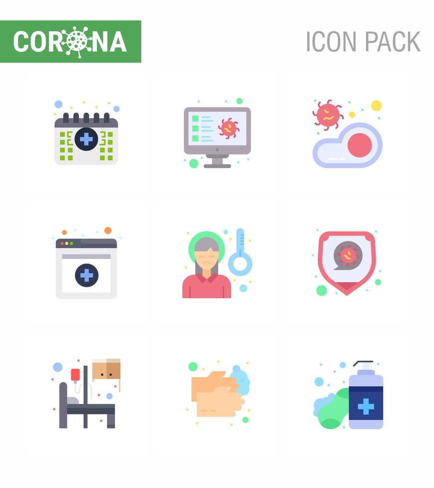 Paquete de iconos de corona de virus viral de 9 colores planos, como el registro en línea de la cabeza, transmisión médica, elementos de diseño de vector de enfermedad de coronavirus viral 2019nov