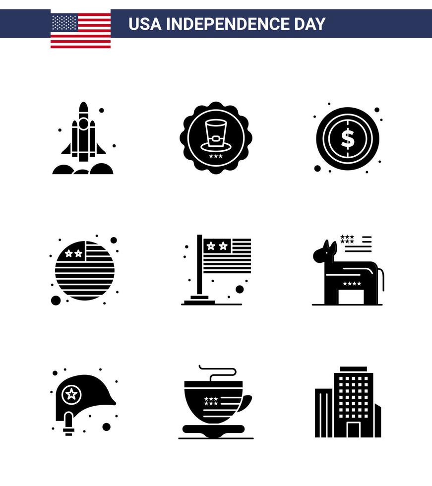 Set of 9 Modern Solid Glyphs pack on USA Independence Day flag international flag usa flag sign Editable USA Day Vector Design Elements