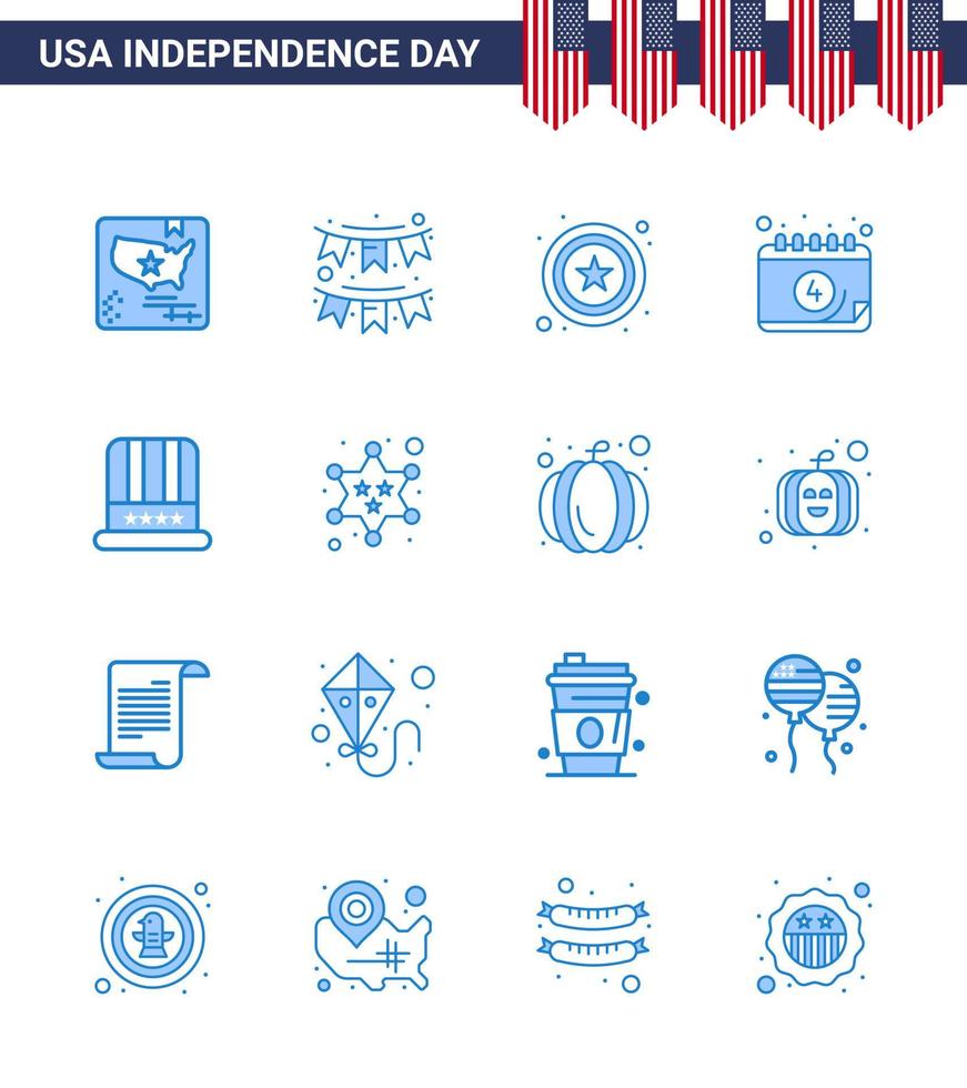 Set of 16 Vector Blues on 4th July USA Independence Day such as cap day garland date american Editable USA Day Vector Design Elements