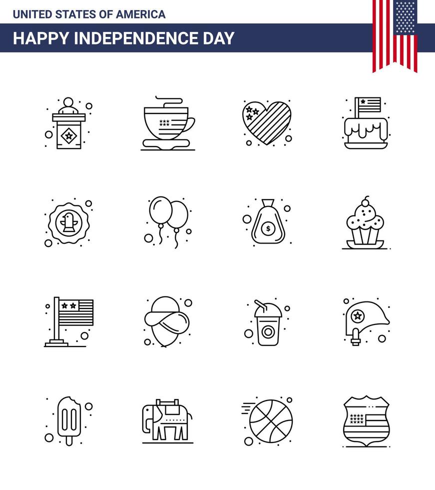 4 de julio usa feliz día de la independencia icono símbolos grupo de 16 líneas modernas de pájaro usa bandera fiesta pastel editable usa día vector elementos de diseño