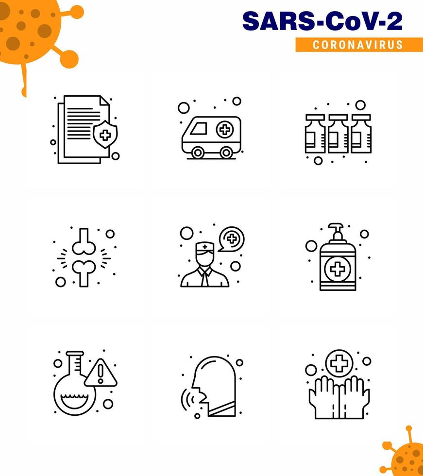 Coronavirus Awareness icon 9 Line icons icon included patient fraction transport brake vaccine viral coronavirus 2019nov disease Vector Design Elements