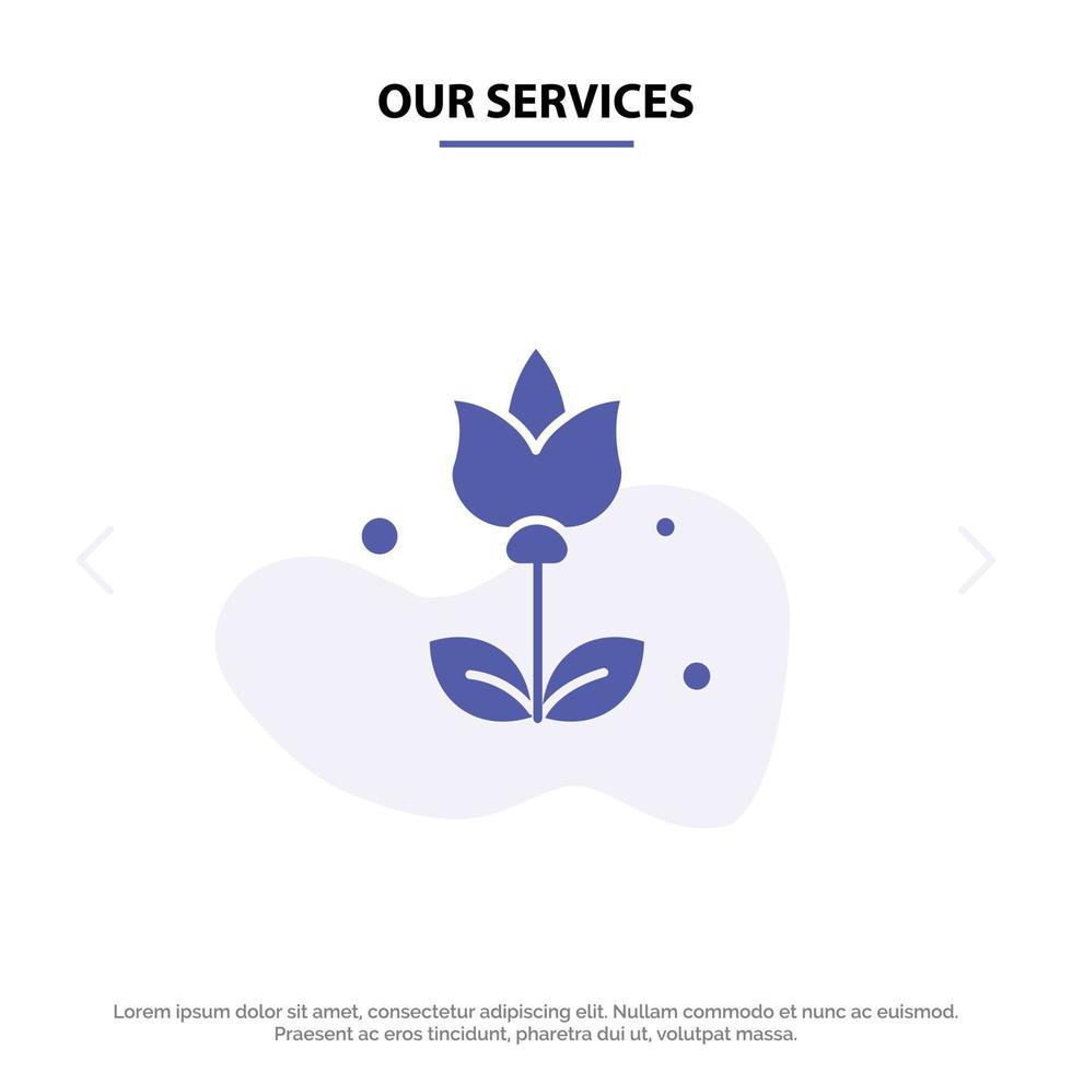 nuestros servicios ramo de flores presente plantilla de tarjeta web de icono de glifo sólido vector