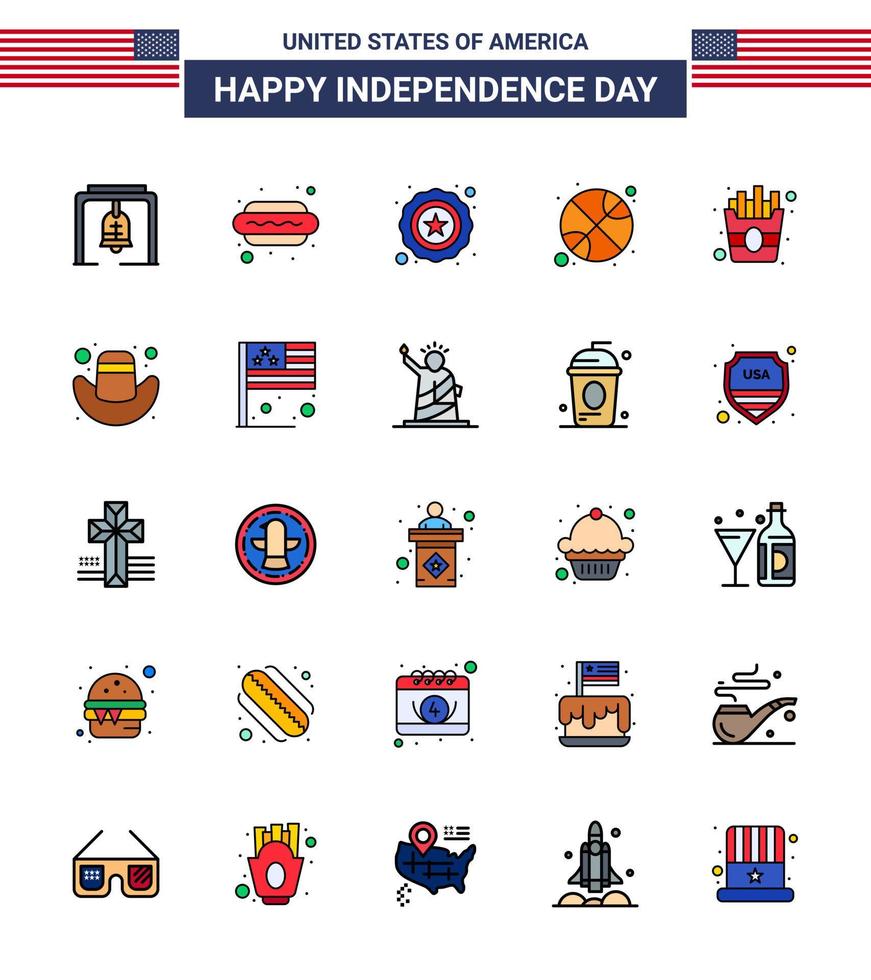 25 paquete de línea plana llena de estados unidos de signos y símbolos del día de la independencia de papas fritas bola del día de la policía rápida editable elementos de diseño vectorial del día de estados unidos vector