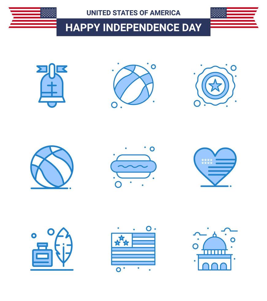 Editable Vector Line Pack of USA Day 9 Simple Blues of food hot dog police usa ball Editable USA Day Vector Design Elements