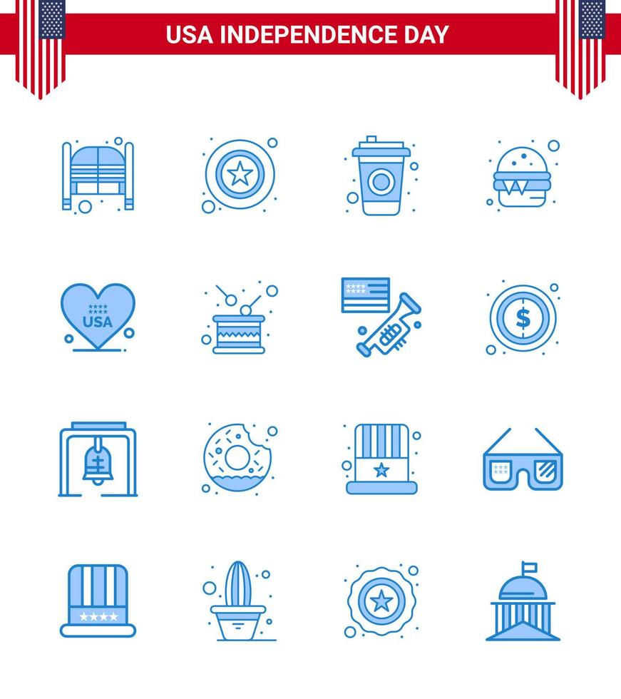 paquete de 16 signos de blues de celebración del día de la independencia de EE. UU. Y símbolos del 4 de julio, como el signo de comida de amor, hamburguesa de comida, elementos de diseño vectorial editables del día de EE. UU. vector