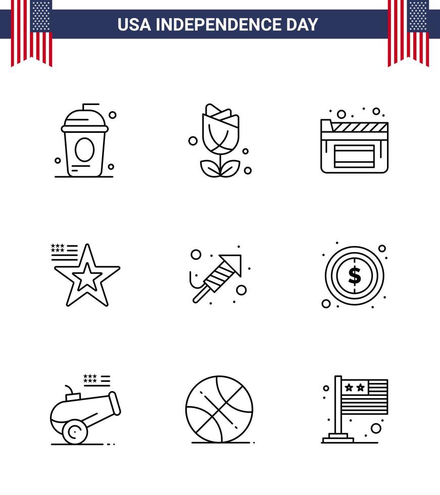 paquete de líneas vectoriales editables del día de ee.uu. 9 líneas simples de religión usa plent flag star elementos de diseño vectorial del día de ee. vector