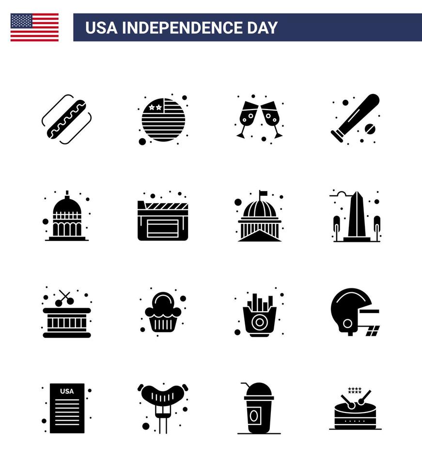 Stock Vector Icon Pack of American Day 16 Solid Glyph Signs and Symbols for statehouse indiana wine usa bat Editable USA Day Vector Design Elements