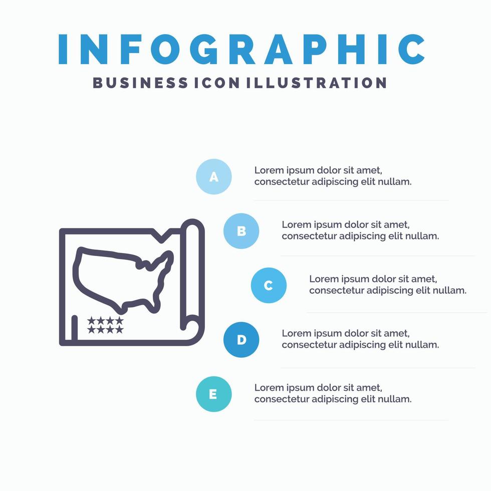 mapa estados unidos usa línea icono con 5 pasos presentación infografía fondo vector