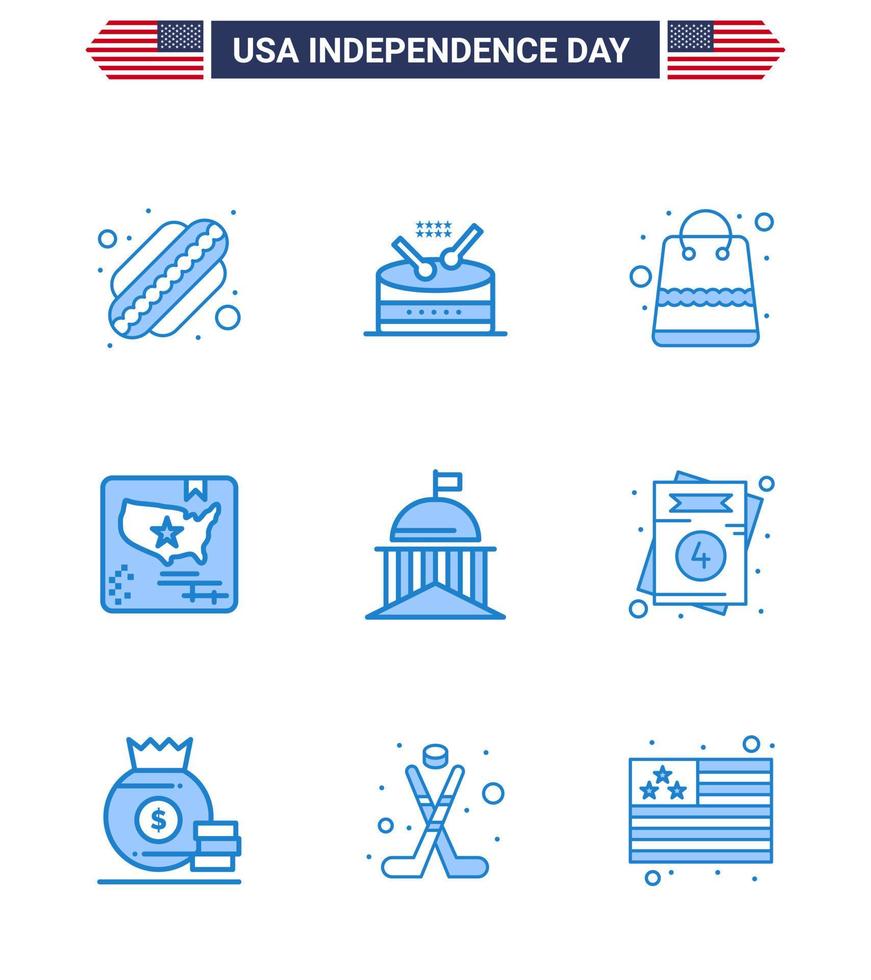 Blue Pack of 9 USA Independence Day Symbols of green city money world flag Editable USA Day Vector Design Elements