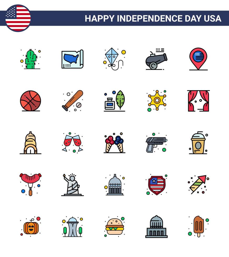 Pack of 25 USA Independence Day Celebration Flat Filled Lines Signs and 4th July Symbols such as map american kite mortar cannon Editable USA Day Vector Design Elements