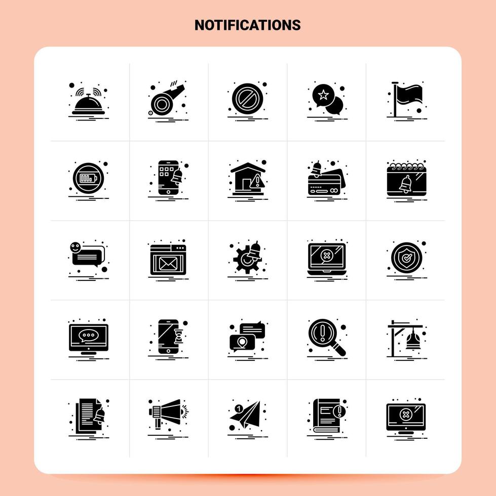 Solid 25 Notifications Icon set Vector Glyph Style Design Black Icons Set Web and Mobile Business ideas design Vector Illustration