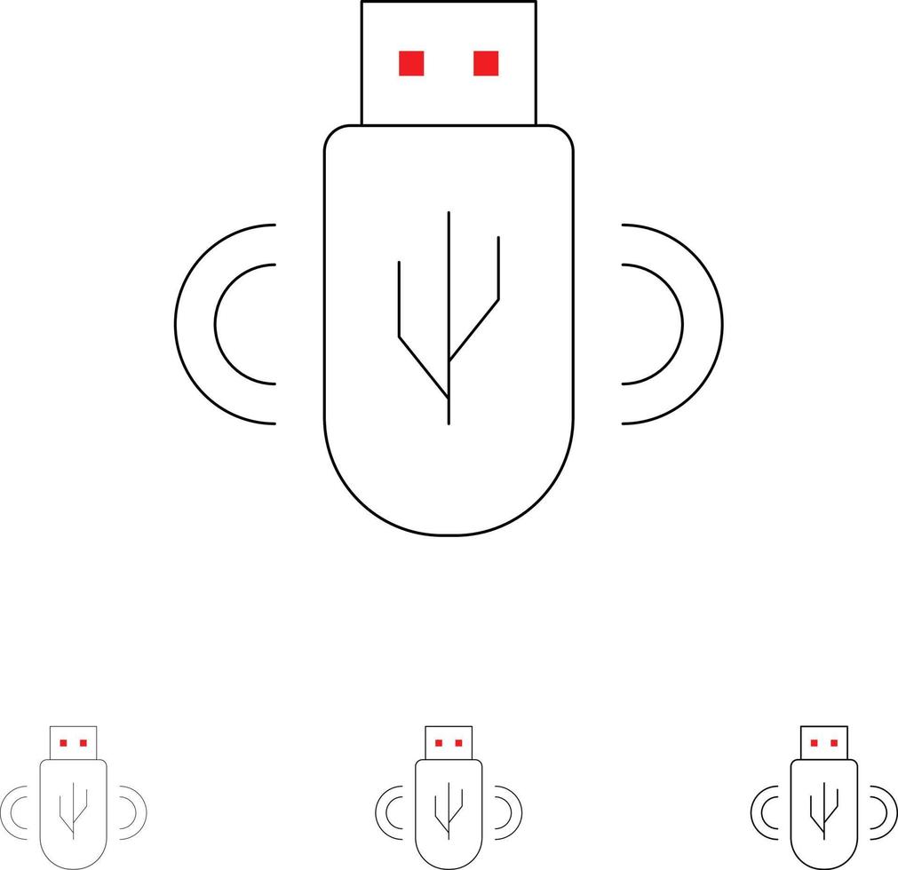 Usb Share Data Storage Bold and thin black line icon set vector
